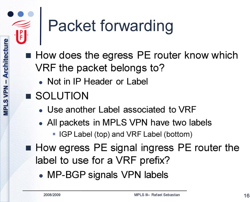 Not in IP Header or Label SOLUTION Use another Label associated to VRF All packets in MPLS VPN have