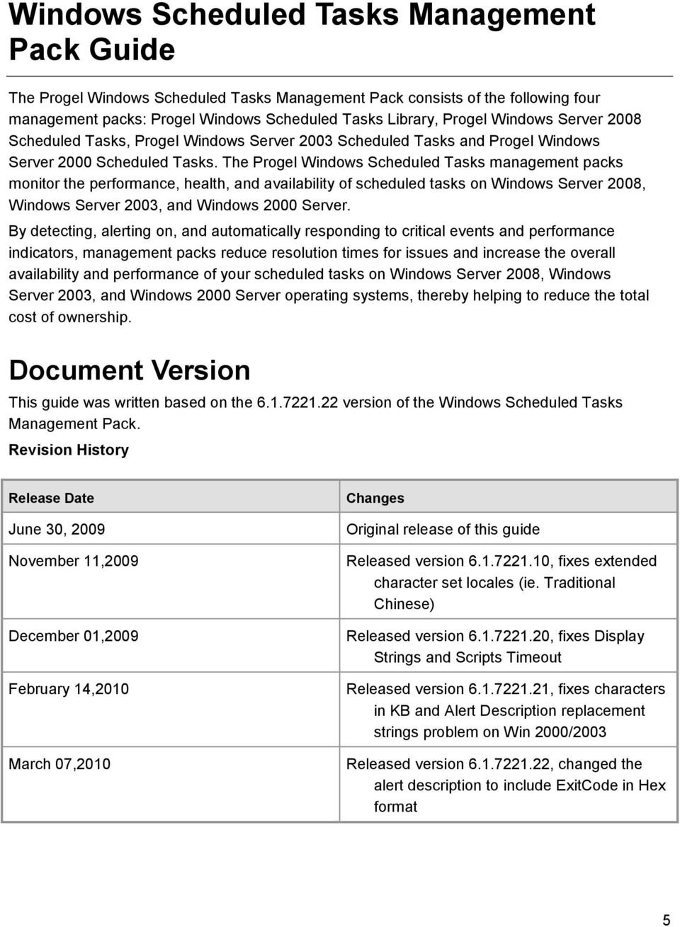 The Progel Windows Scheduled Tasks management packs monitor the performance, health, and availability of scheduled tasks on Windows Server 2008, Windows Server 2003, and Windows 2000 Server.