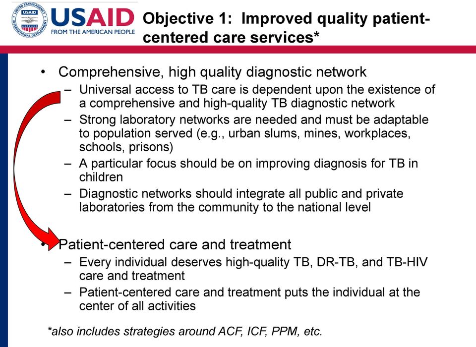 be on improving diagnosis for TB in children Diagnostic networks should integrate all public and private laboratories from the community to the national level Patient-centered care and treatment