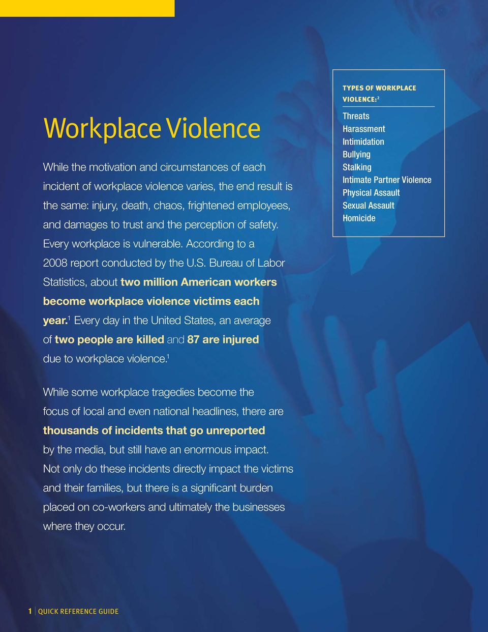 Bureau of Labor Statistics, about two million American workers become workplace violence victims each year.