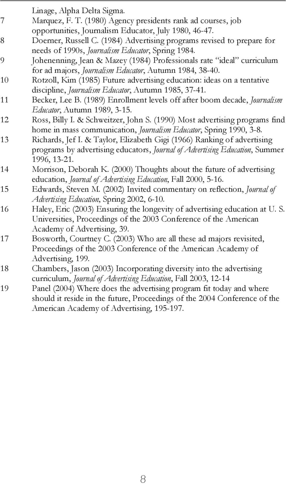 9 Johenenning, Jean & Mazey (1984) Professionals rate ideal curriculum for ad majors, Journalism Educator, Autumn 1984, 38-40.