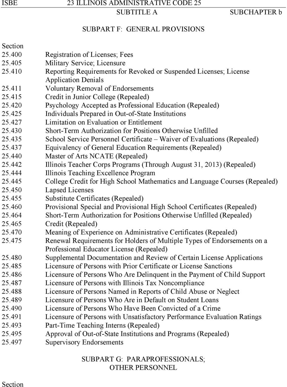 420 Psychology Accepted as Professional Education (Repealed) 25.425 Individuals Prepared in Out-of-State Institutions 25.427 Limitation on Evaluation or Entitlement 25.