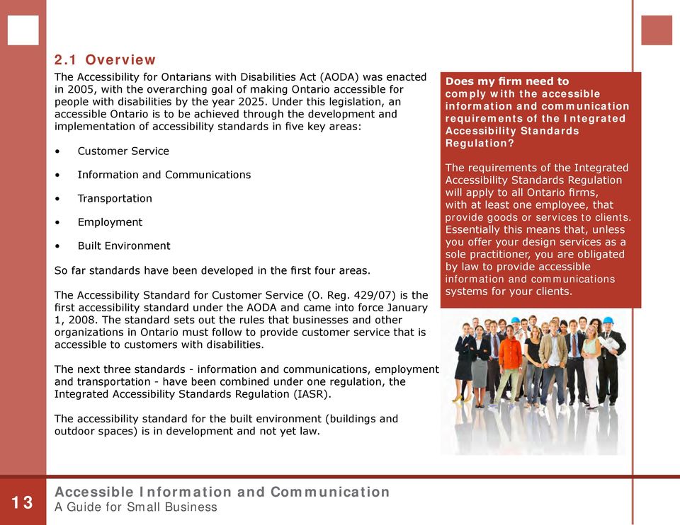 Communications Transportation Employment Built Environment So far standards have been developed in the first four areas. The Accessibility Standard for Customer Service (O. Reg.