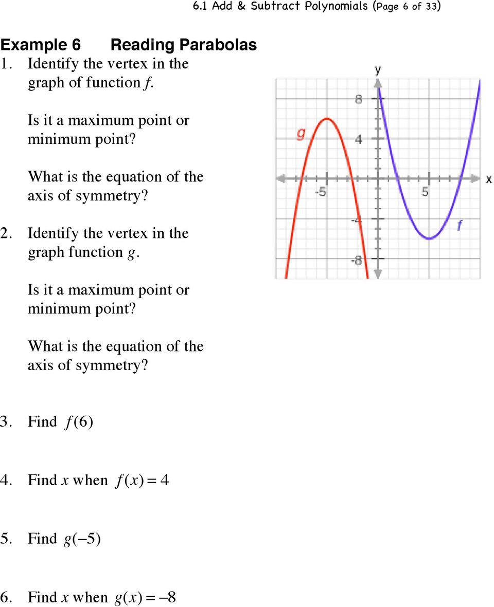 What is the equation of the axis of symmetry? 2. Identify the vertex in the graph function g.