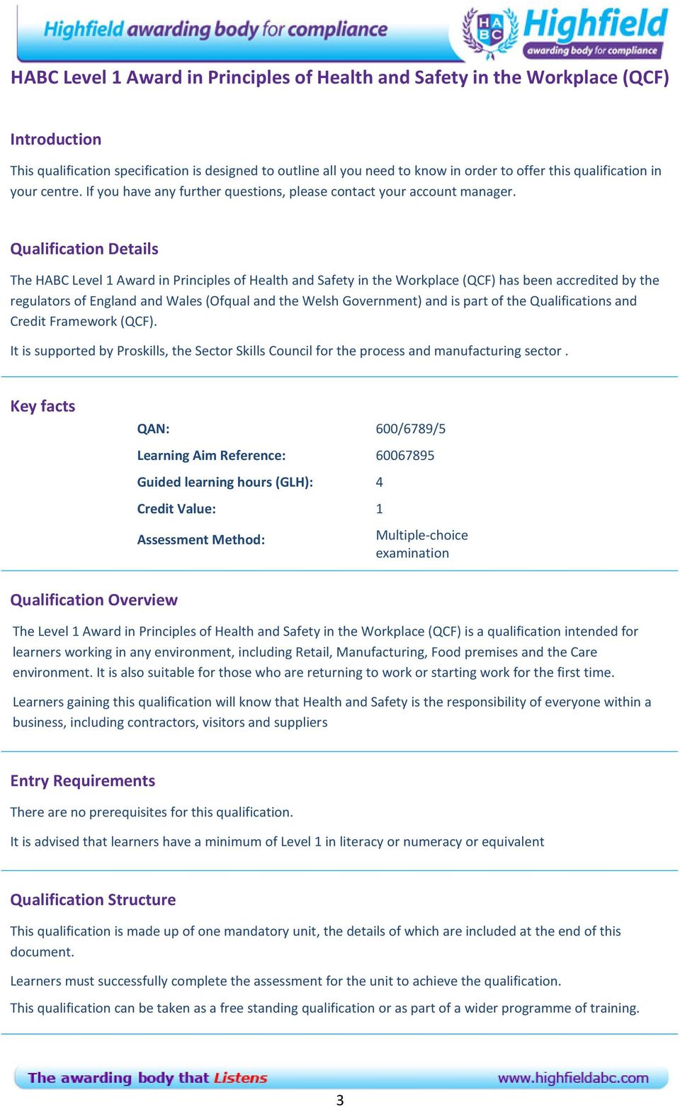 Qualification Details The HABC Level 1 Award in Principles of Health and Safety in the Workplace (QCF) has been accredited by the regulators of England and Wales (Ofqual and the Welsh Government) and