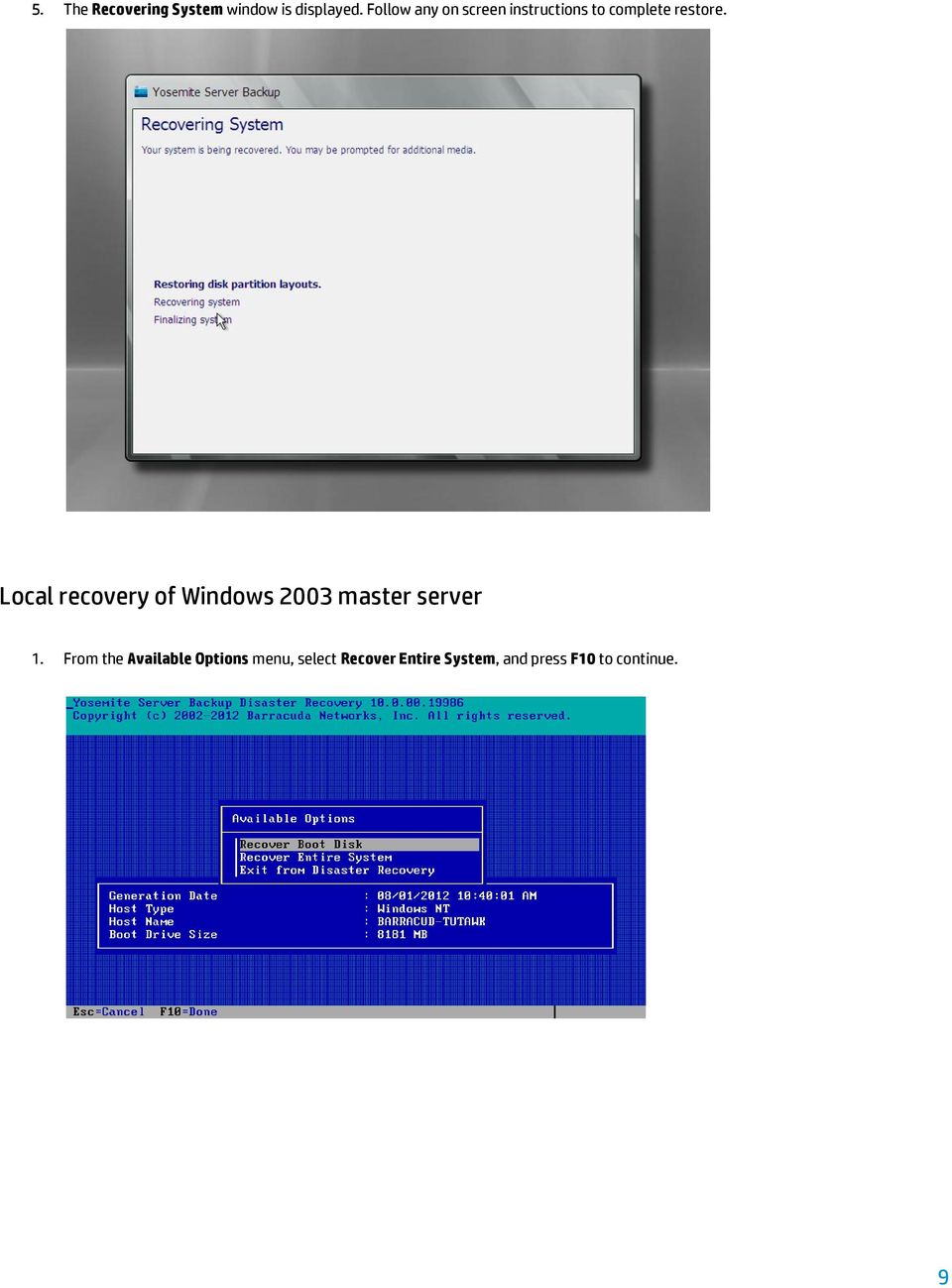Local recovery of Windows 2003 master server 1.