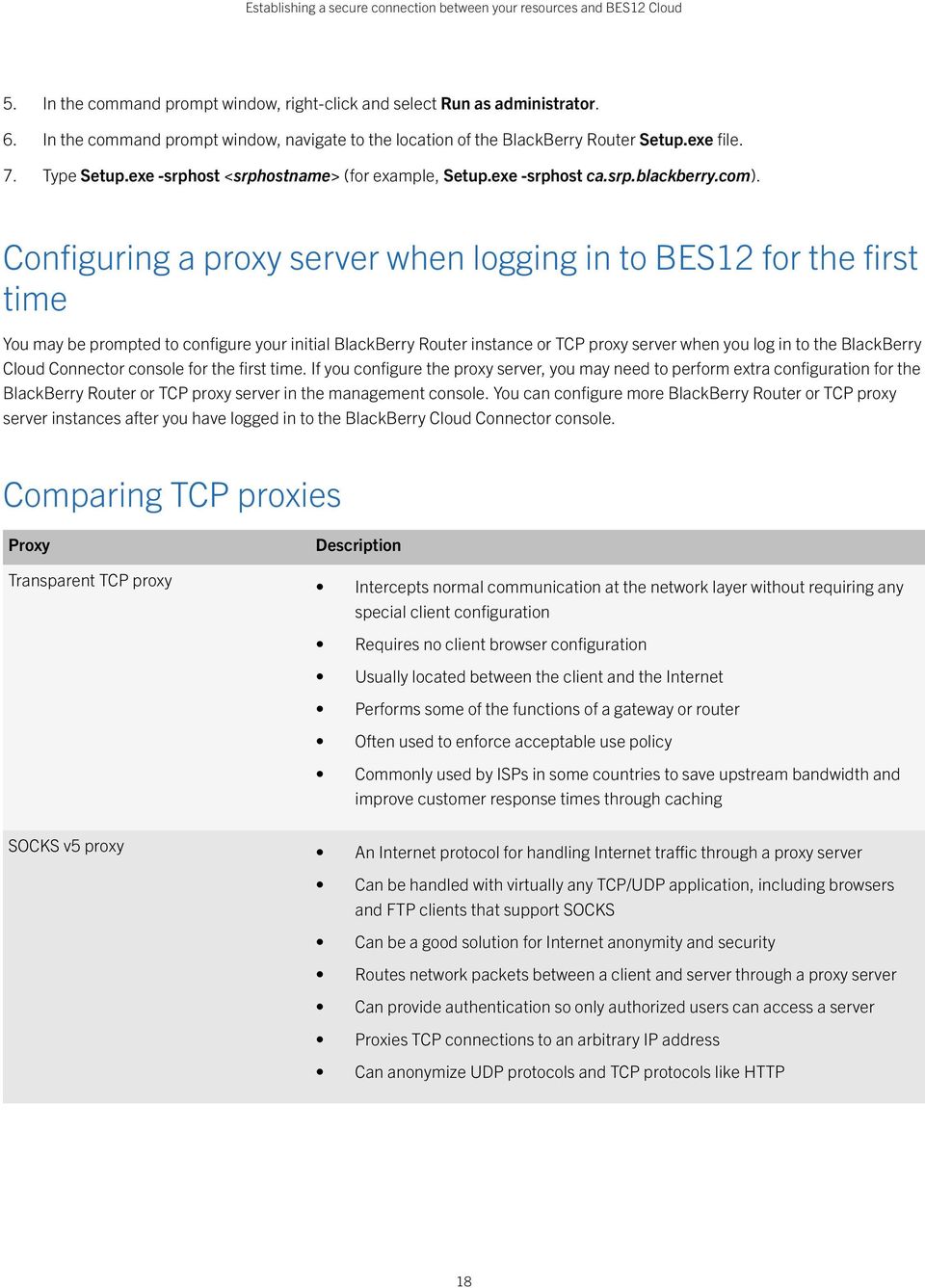 Configuring a proxy server when logging in to BES12 for the first time You may be prompted to configure your initial BlackBerry Router instance or TCP proxy server when you log in to the BlackBerry