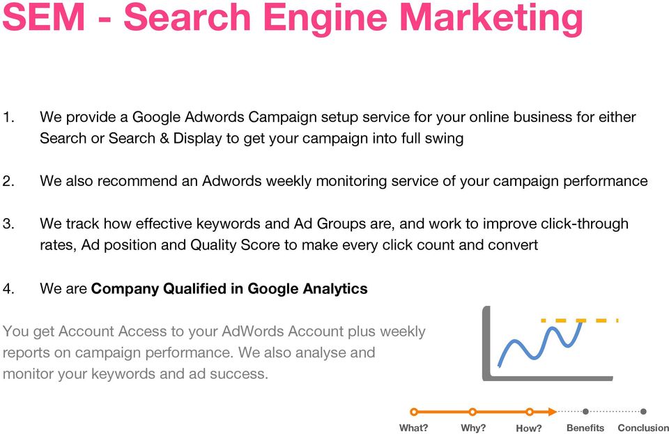We also recommend an Adwords weekly monitoring service of your campaign performance 3.