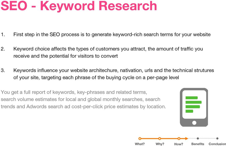 Keywords influence your website architechure, nativation, urls and the technical strutures of your site, targeting each phrase of the buying cycle on a