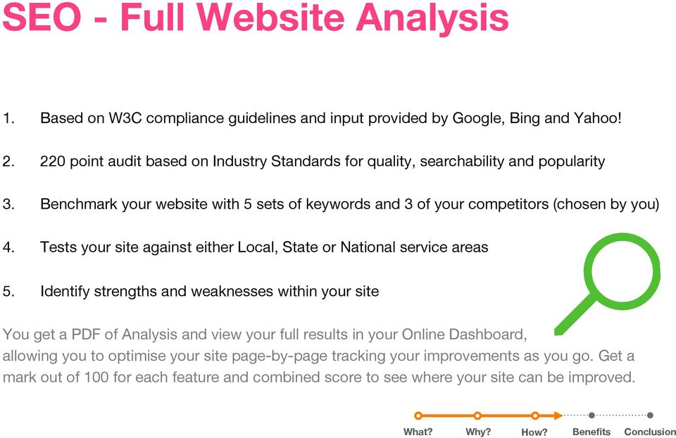 Benchmark your website with 5 sets of keywords and 3 of your competitors (chosen by you) 4. Tests your site against either Local, State or National service areas 5.