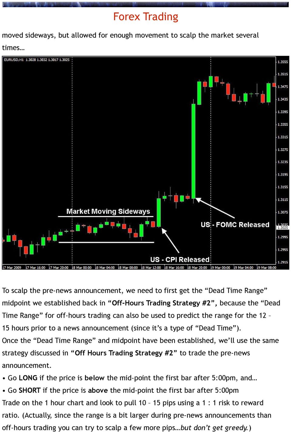 ). Once the Dead Time Range and midpoint have been established, we ll use the same strategy discussed in Off Hours Trading Strategy #2 to trade the pre-news announcement.