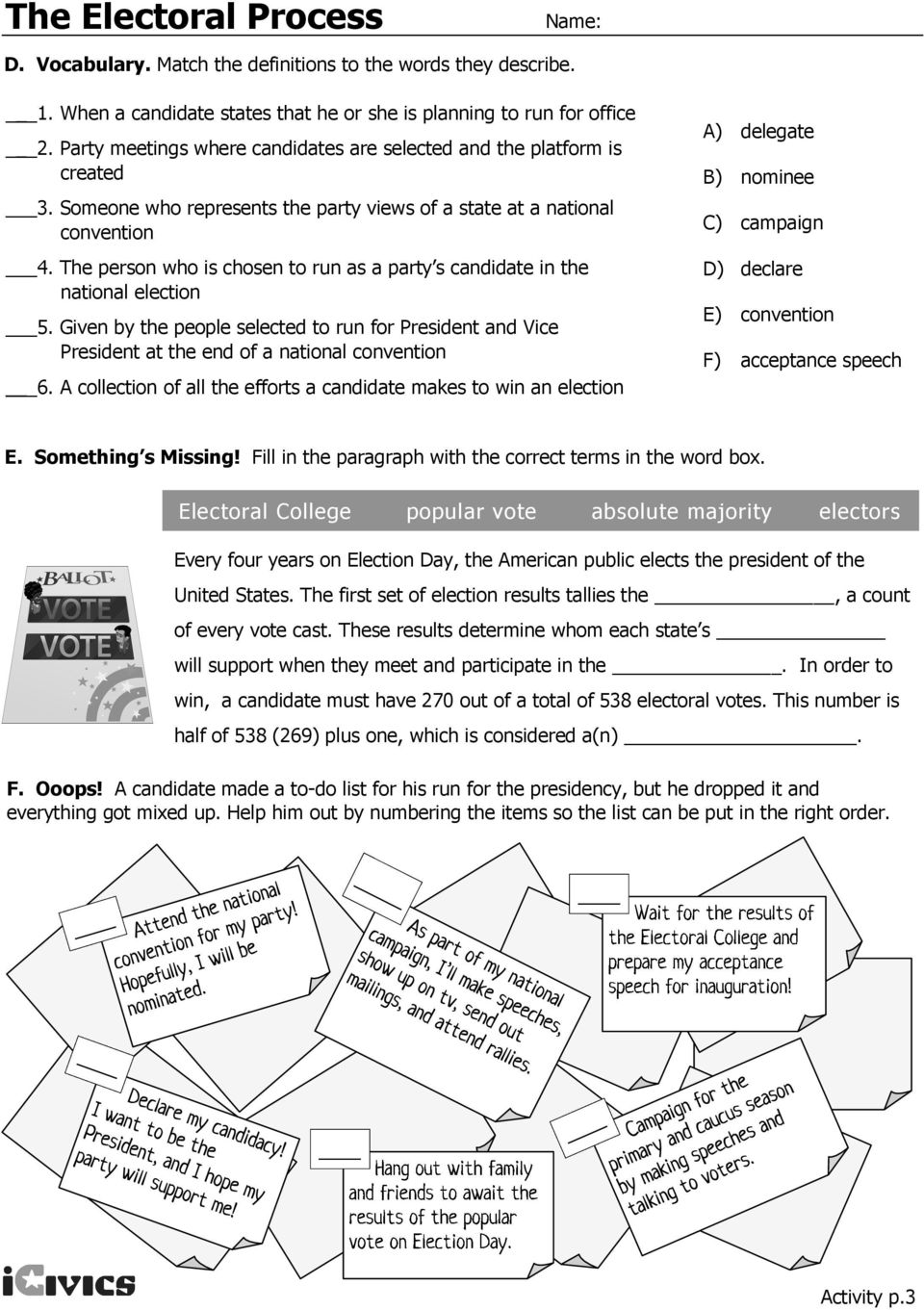 The Electoral Process STEP BY STEP. the worksheet activity to the Pertaining To The Electoral Process Worksheet Answers