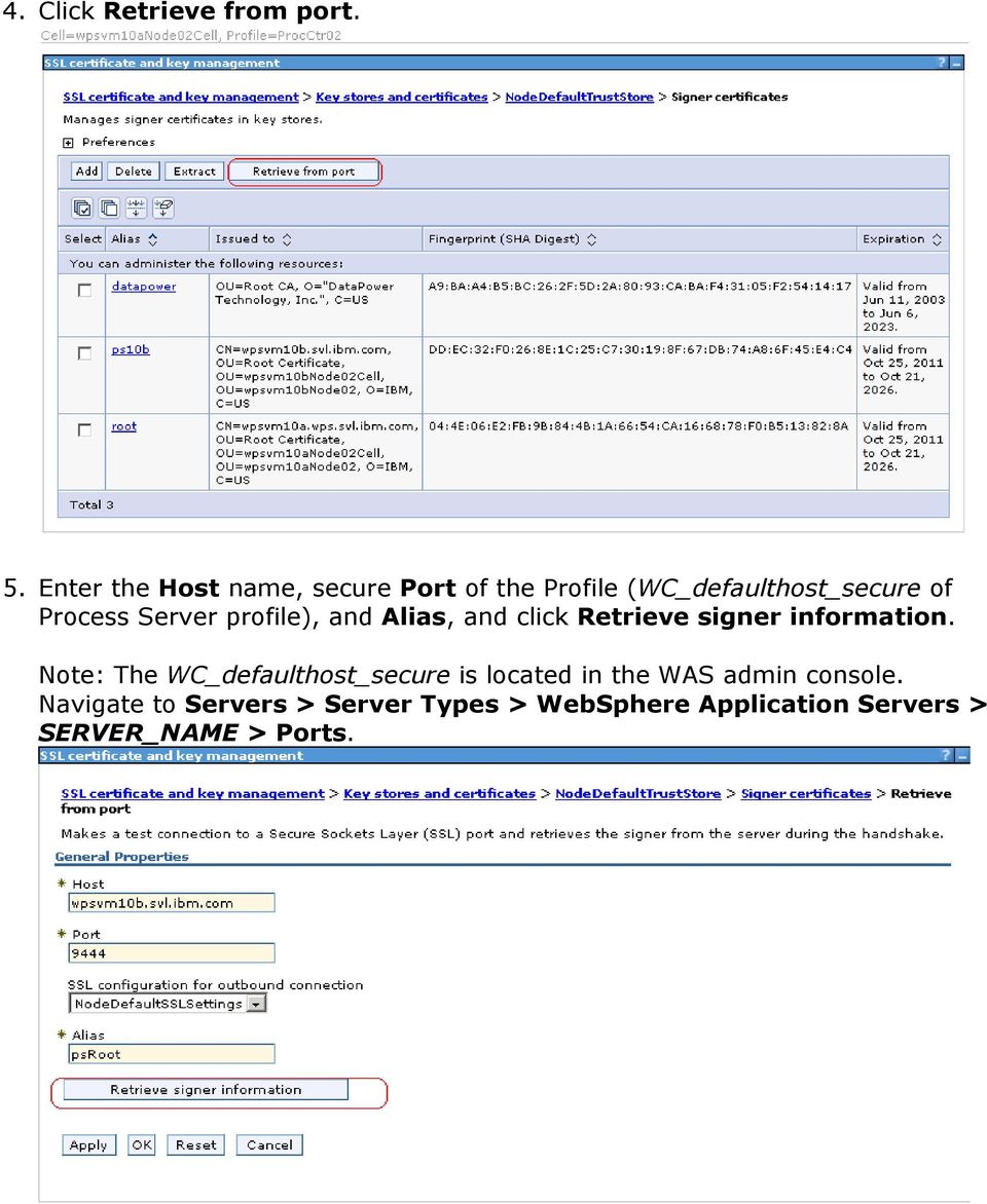 Server profile), and Alias, and click Retrieve signer information.