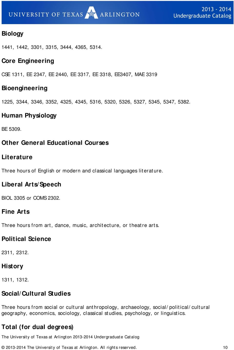 Other General Educational Courses Literature Three hours of English or modern and classical languages literature. Liberal Arts/Speech BIOL 3305 or COMS 2302.