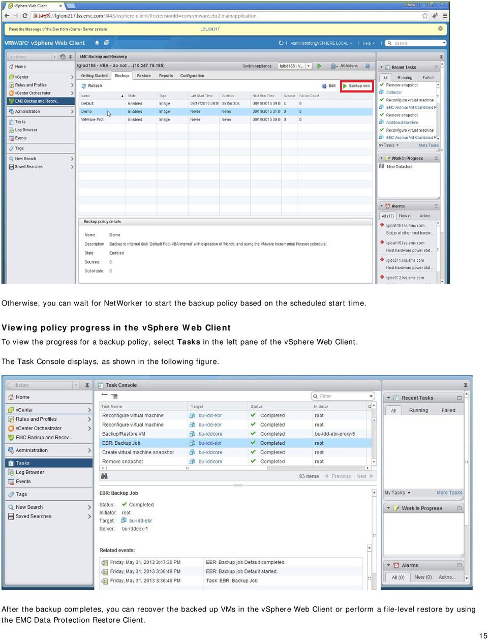 pane of the vsphere Web Client. The Task Console displays, as shown in the following figure.