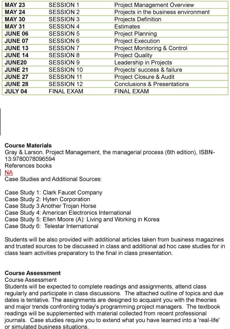 failure JUNE 27 SESSION 11 Project Closure & Audit JUNE 28 SESSION 12 Conclusions & Presentations JULY 04 FINAL EXAM FINAL EXAM Course Materials Gray & Larson.