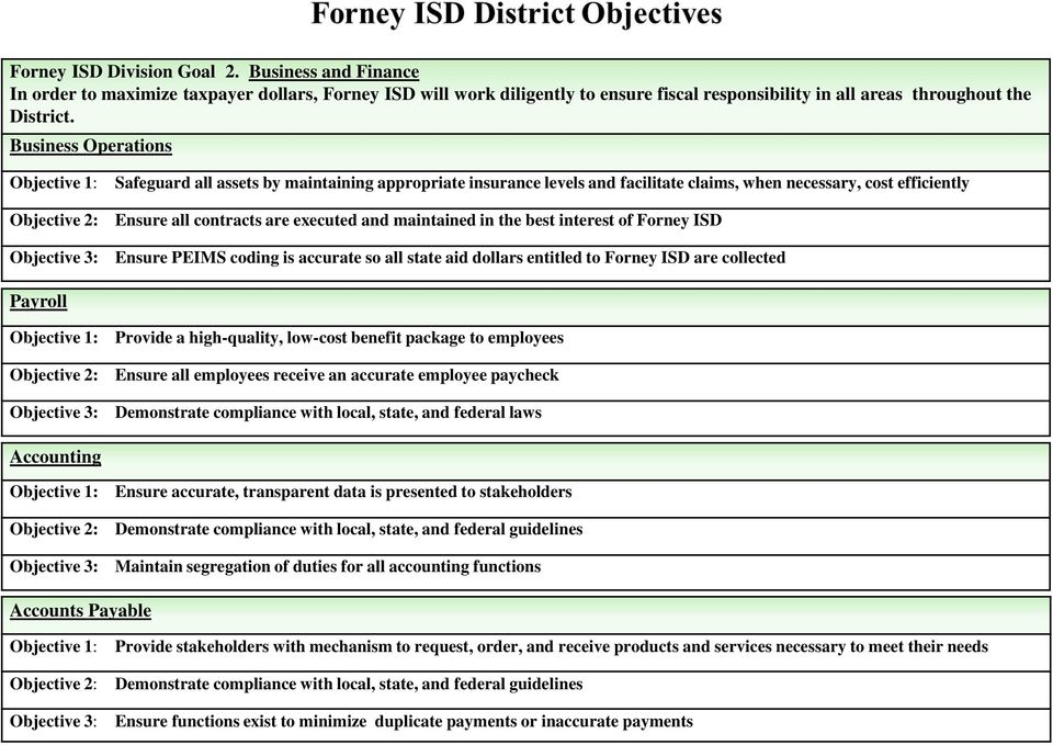 executed and maintained in the best interest of Forney ISD Objective 3: Ensure PEIMS coding is accurate so all state aid dollars entitled to Forney ISD are collected Payroll Objective 1: Provide a