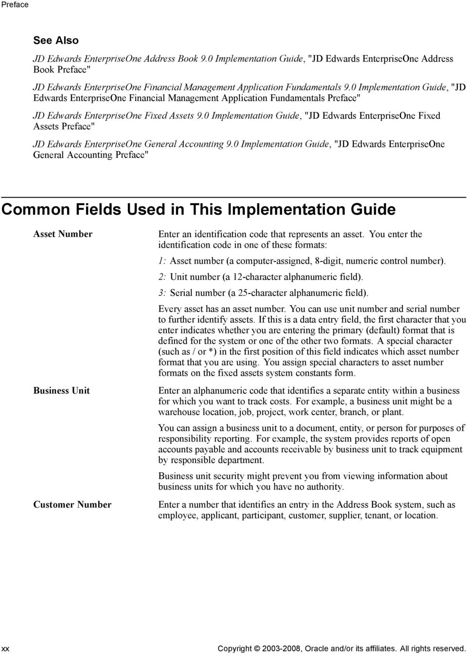 0 Implementation Guide, "JD Edwards EnterpriseOne Financial Management Application Fundamentals Preface" JD Edwards EnterpriseOne Fixed Assets 9.