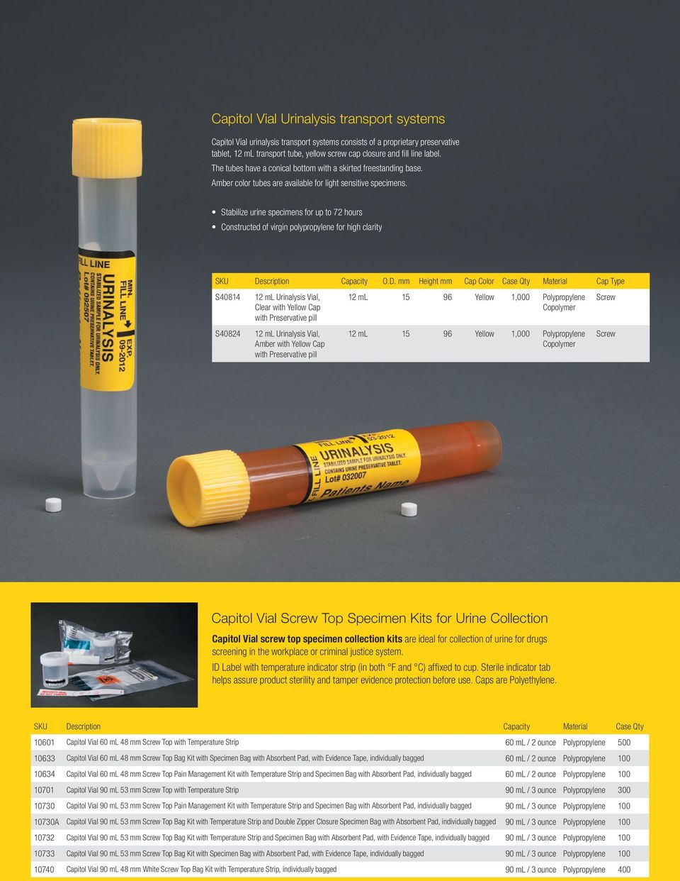 Stabilize urine specimens for up to 72 hours Constructed of virgin polypropylene for high clarity SKU De