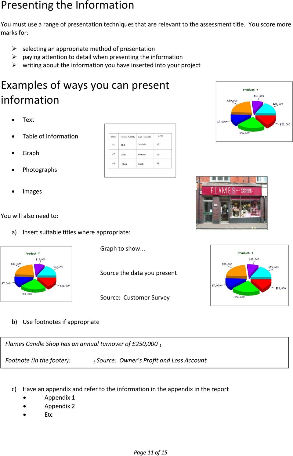 Examples of ways you can present information Text Table of information Graph Photographs Images You will also need to: a) Insert suitable titles where appropriate: Graph to show.