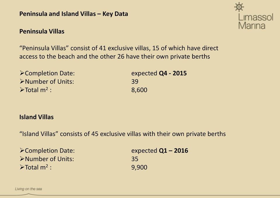 expected Q4-2015 Number of Units: 39 Total m 2 : 8,600 Island Villas Island Villas consists of 45