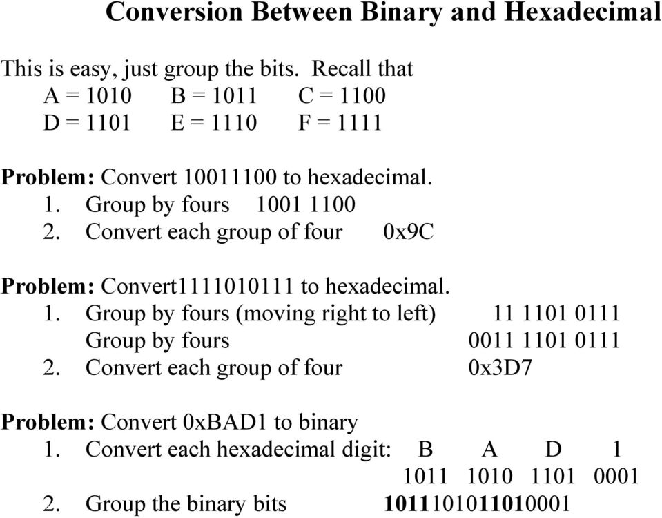 Convert each group of four 0x9C Problem: Convert1111010111 to hexadecimal. 1.