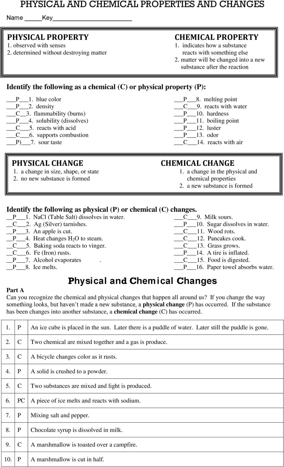 PHYSICAL AND CHEMICAL PROPERTIES AND CHANGES - PDF Free Download With Chemical And Physical Changes Worksheet