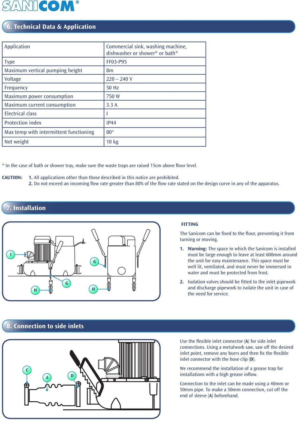 3 A I IP44 Max temp with intermittent functioning 80 Net weight 10 kg * In the case of bath or shower tray, make sure the waste traps are raised 15cm above floor level. CAUTION: 1.