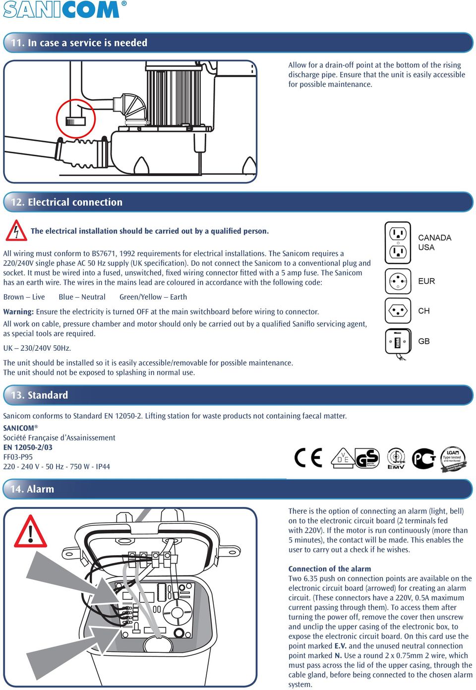 The Sanicom requires a 220/240V single phase AC 50 Hz supply (UK specification). Do not connect the Sanicom to a conventional plug and socket.