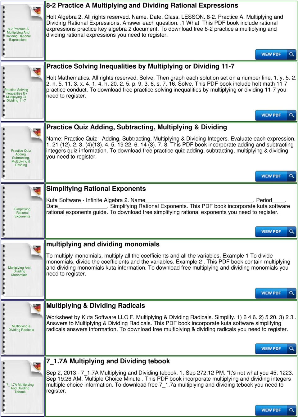 To download free 8-2 practice a multiplying and dividing rational expressions you Practice Solving Inequalities by Multiplying or 11-7 Practice Solving Inequalities By Multiplying Or 11-7 Holt
