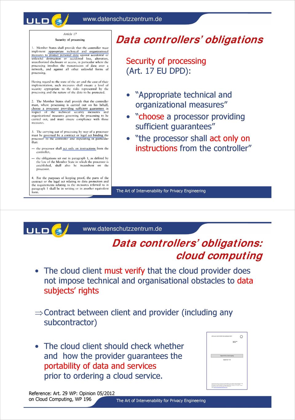 controller Data controllers obligations: cloud computing The cloud client must verify that the cloud provider does not impose technical and organisational obstacles to
