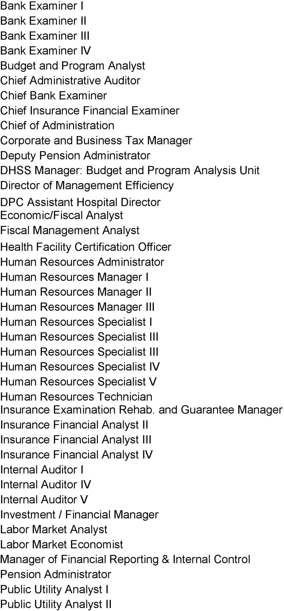 Economic/Fiscal Analyst Fiscal Management Analyst Health Facility Certification Officer Human Resources Administrator Human Resources Manager I Human Resources Manager II Human Resources Manager III