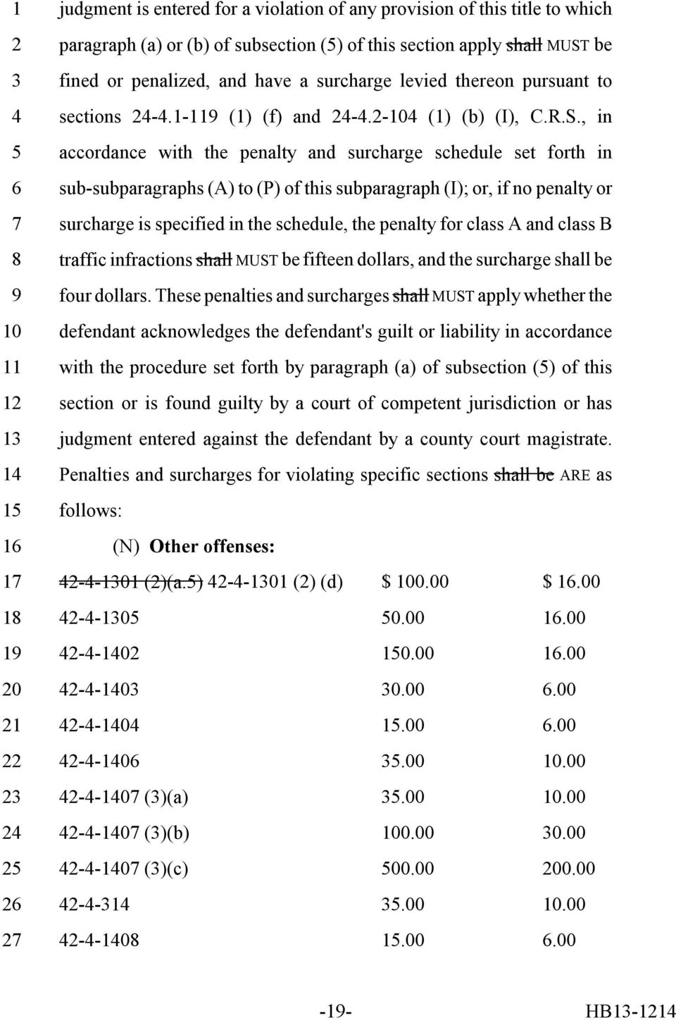 , in accordance with the penalty and surcharge schedule set forth in sub-subparagraphs (A) to (P) of this subparagraph (I); or, if no penalty or surcharge is specified in the schedule, the penalty
