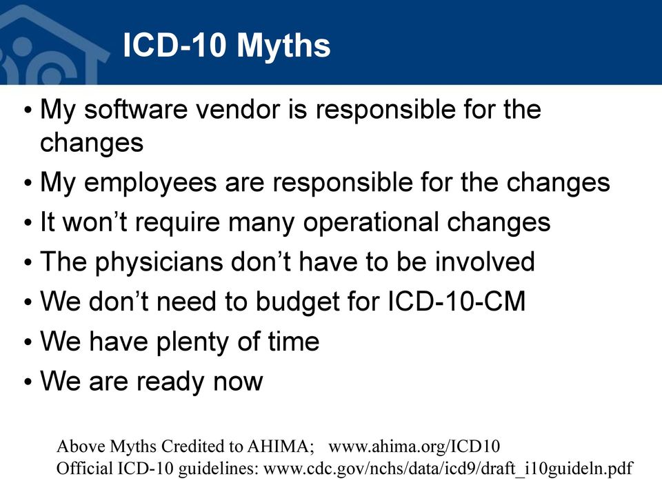 don t need to budget for ICD 10 CM We have plenty of time We are ready now Above Myths Credited to