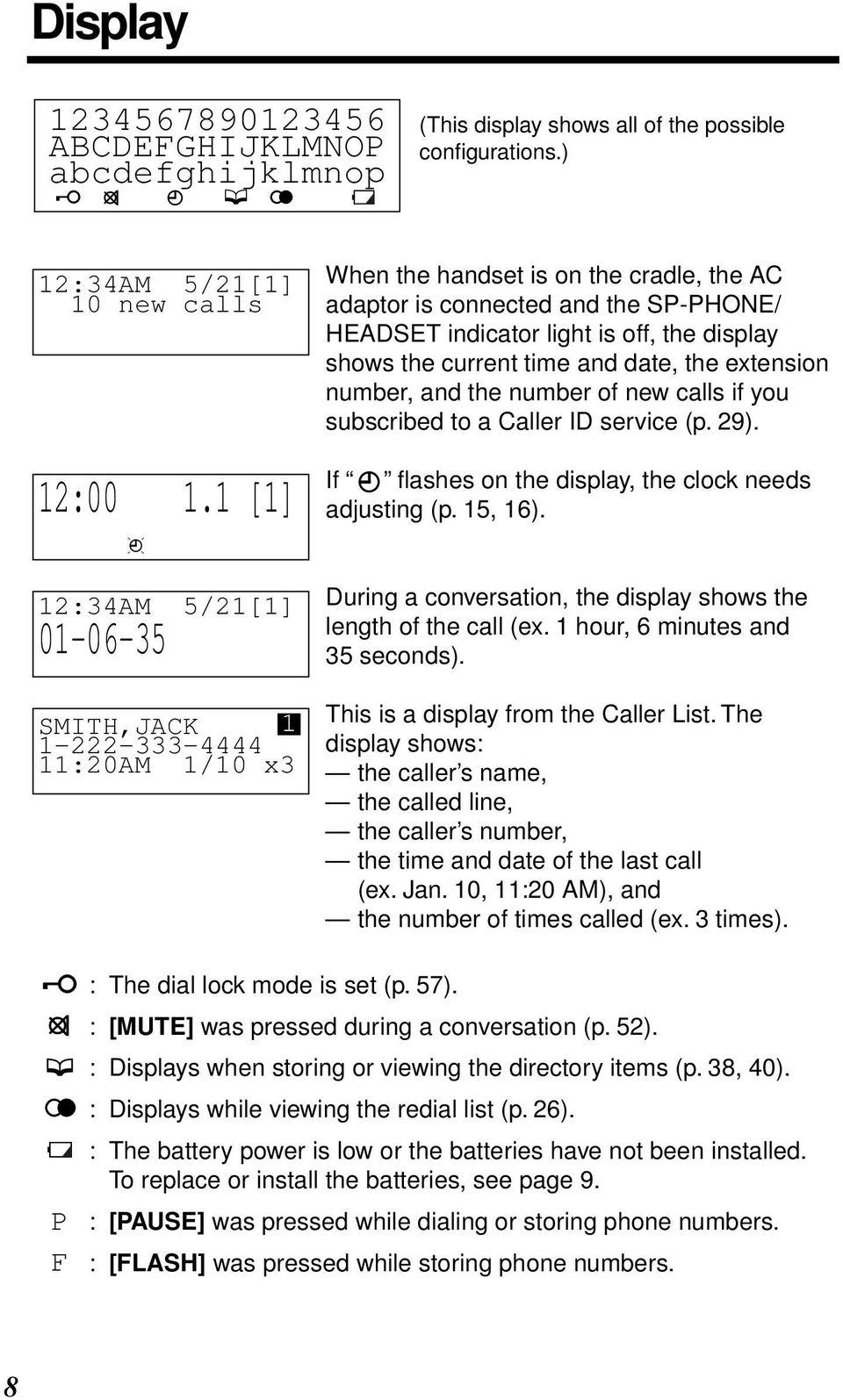 of new calls if you subscribed to a Caller ID service (p. 9). If flashes on the display, the clock needs adjusting (p. 5, 6).