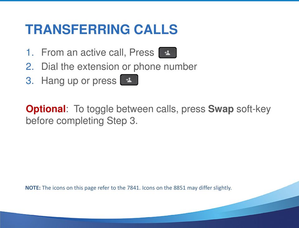 Hang up or press Optional: To toggle between calls, press Swap