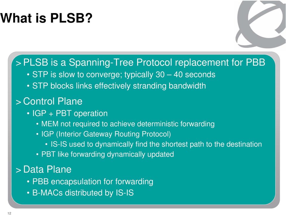 links effectively stranding bandwidth > Control Plane IGP + PBT operation MEM not required to achieve deterministic