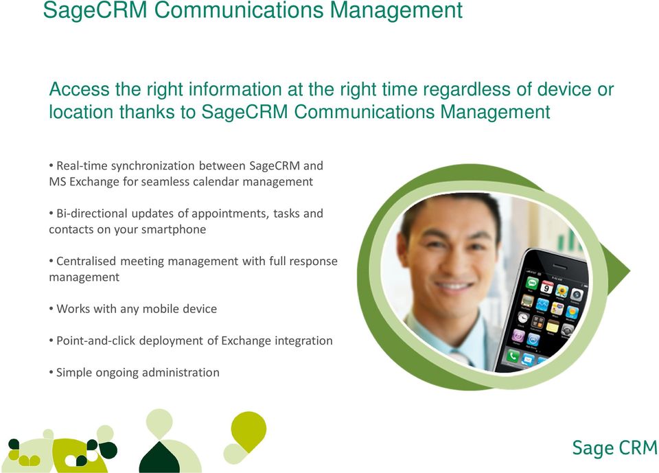 Bi-directional updates of appointments, tasks and contacts on your smartphone Centralised meeting management with full