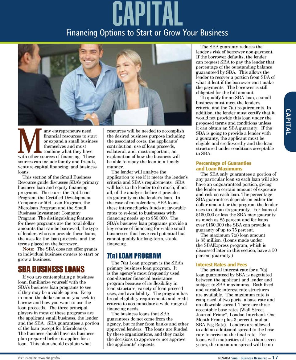 This section of the Small Business Resource guide discusses SBA s primary business loan and equity financing programs.