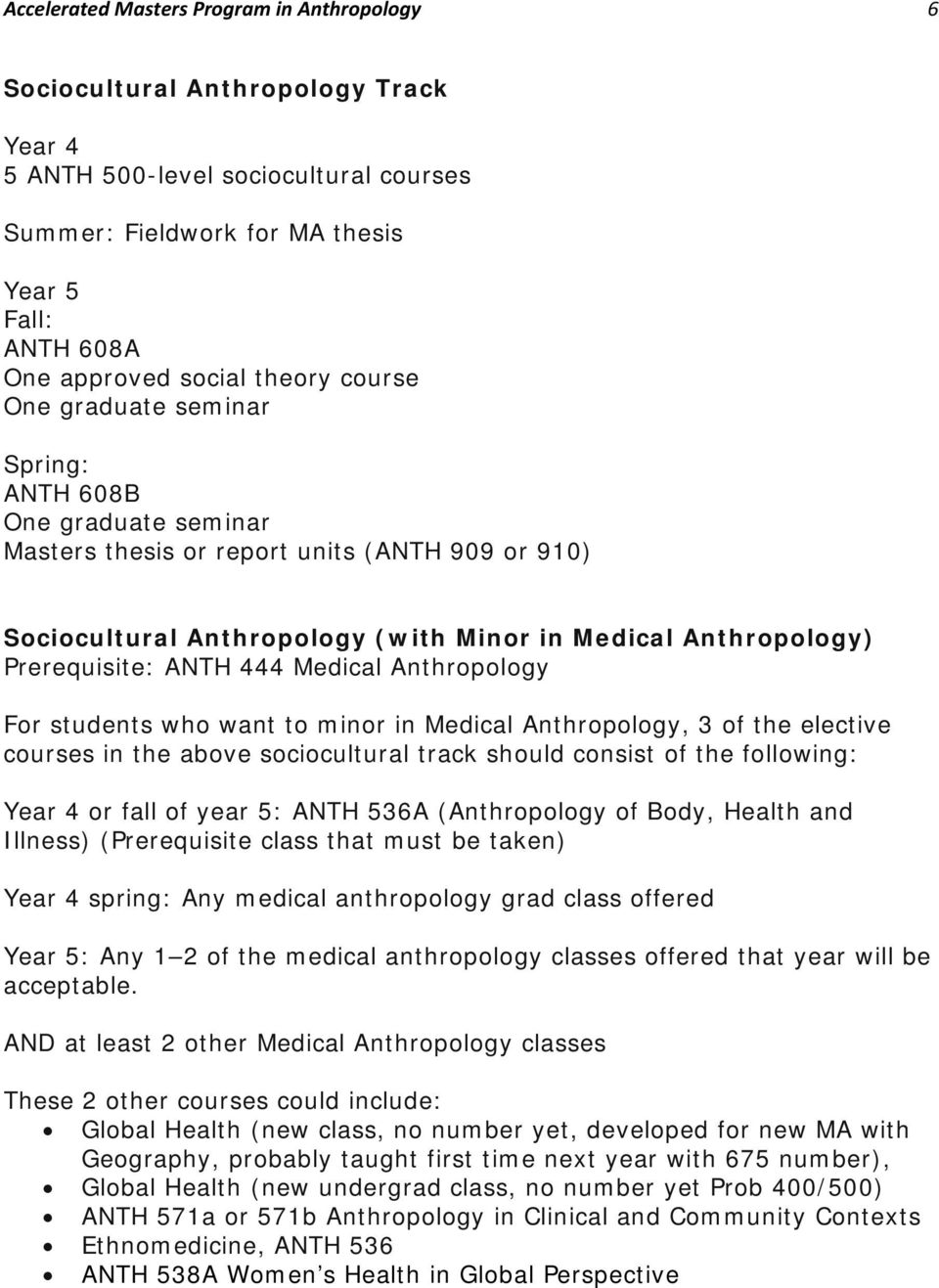 Prerequisite: ANTH 444 Medical Anthropology For students who want to minor in Medical Anthropology, 3 of the elective courses in the above sociocultural track should consist of the following: Year 4