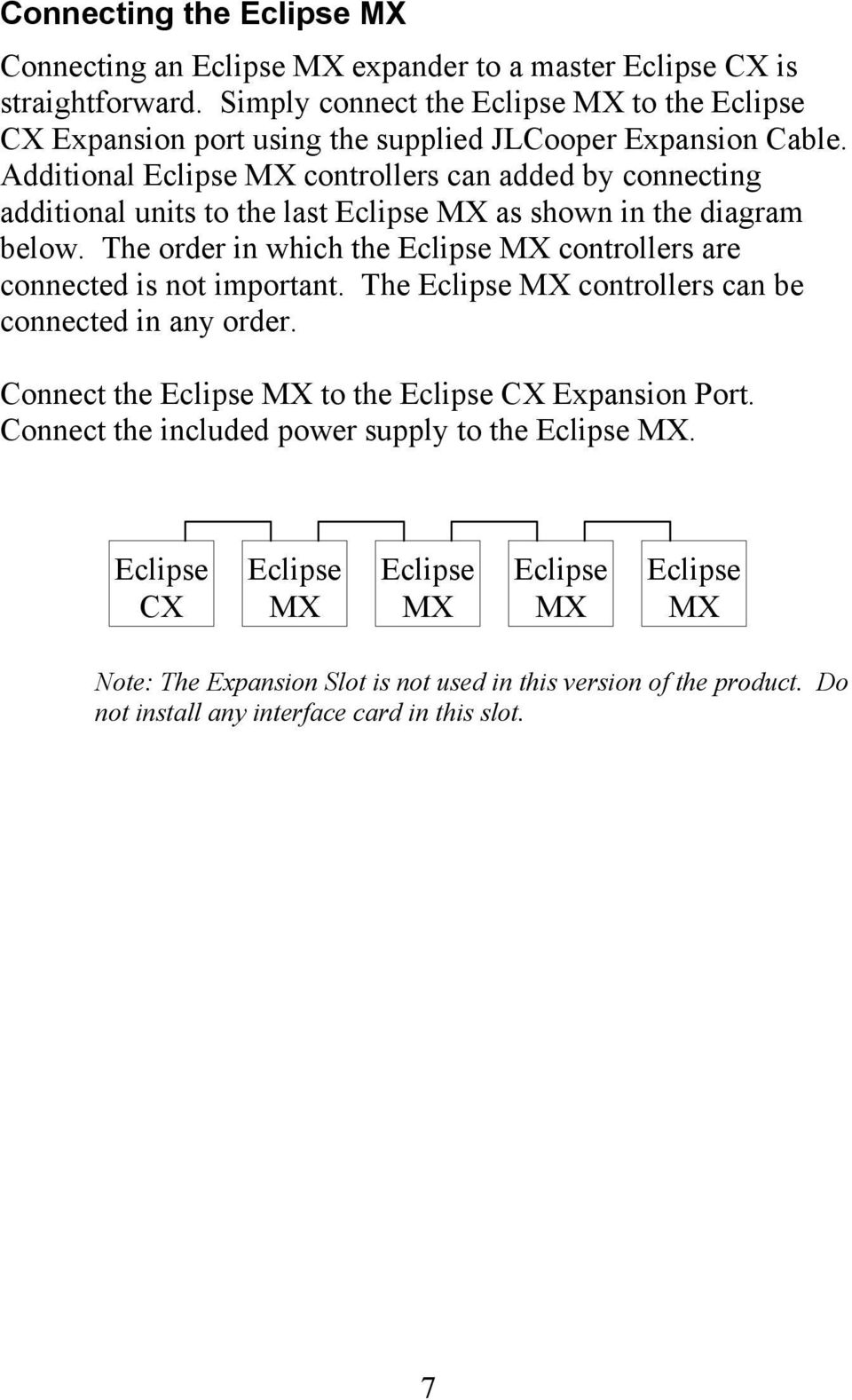 Additional Eclipse MX controllers can added by connecting additional units to the last Eclipse MX as shown in the diagram below.