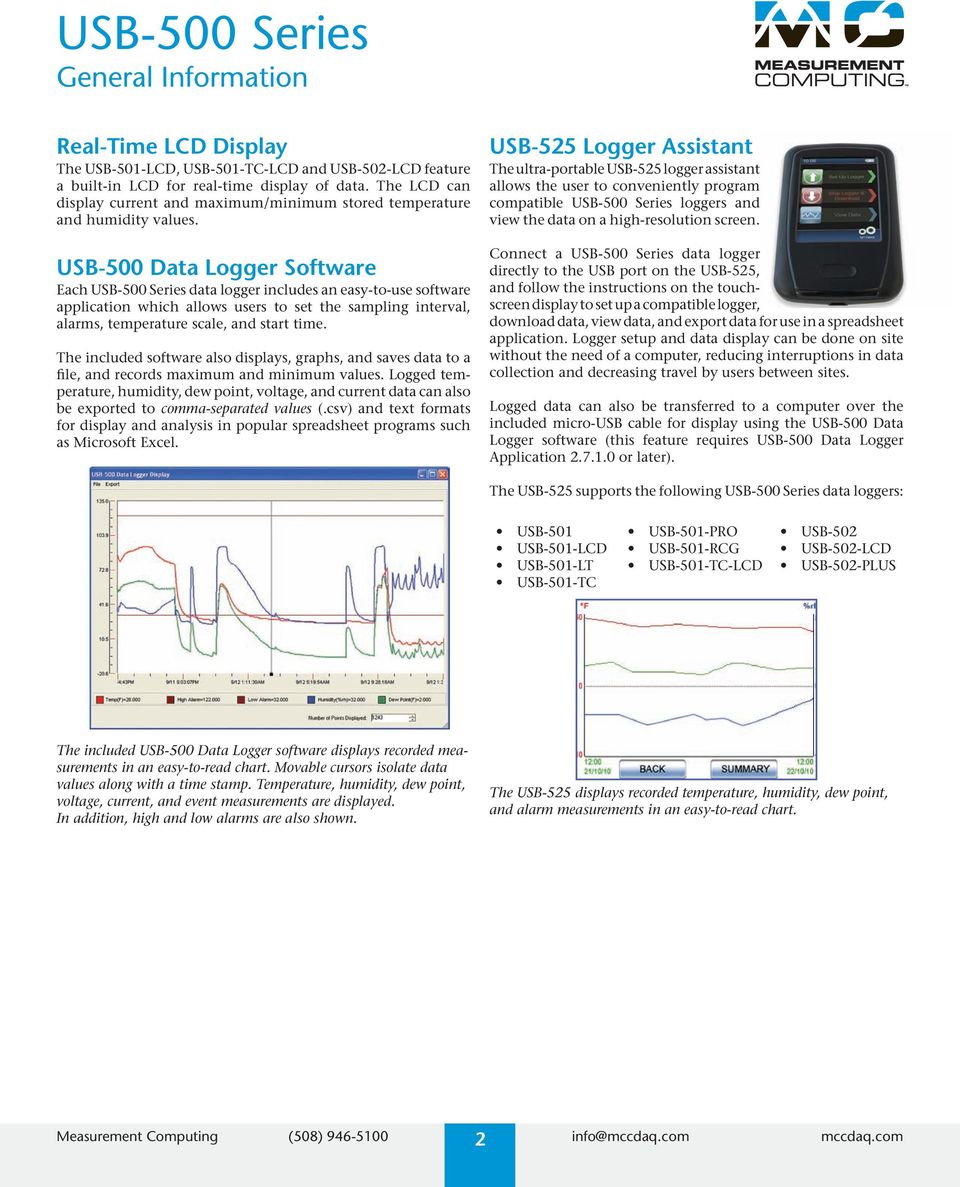 USB-500 Data Logger Software Each USB-500 Series data logger includes an easy to use software application which allows users to set the sampling interval, alarms, temperature scale, and start time.