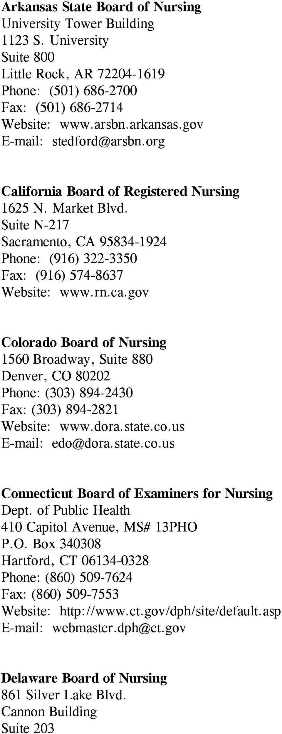 gov Colorado Board of Nursing 1560 Broadway, Suite 880 Denver, CO 80202 Phone: (303) 894-2430 Fax: (303) 894-2821 Website: www.dora.state.co.us E-mail: edo@dora.state.co.us Connecticut Board of Examiners for Nursing Dept.