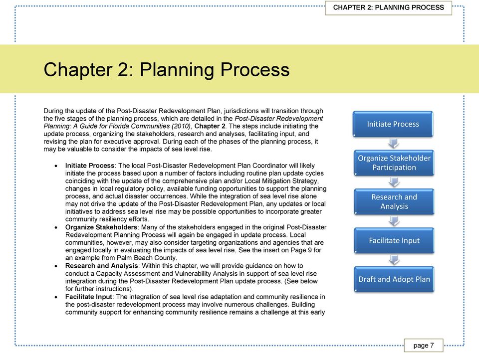 The steps include initiating the update process, organizing the stakeholders, research and analyses, facilitating input, and revising the plan for executive approval.