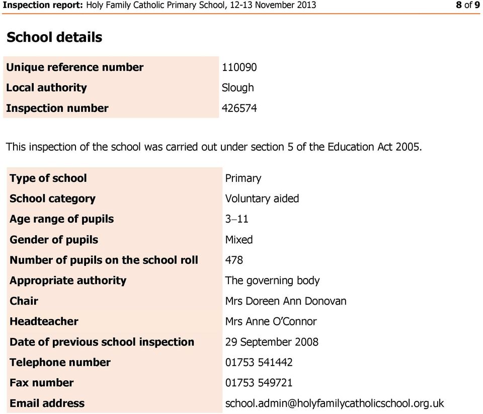 Type of school School category Age range of pupils Primary Voluntary aided 3 11 Gender of pupils Mixed Number of pupils on the school roll 478 Appropriate authority The