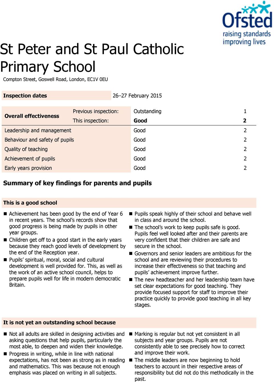 for parents and pupils This is a good school Achievement has been good by the end of Year 6 in recent years. The school s records show that good progress is being made by pupils in other year groups.