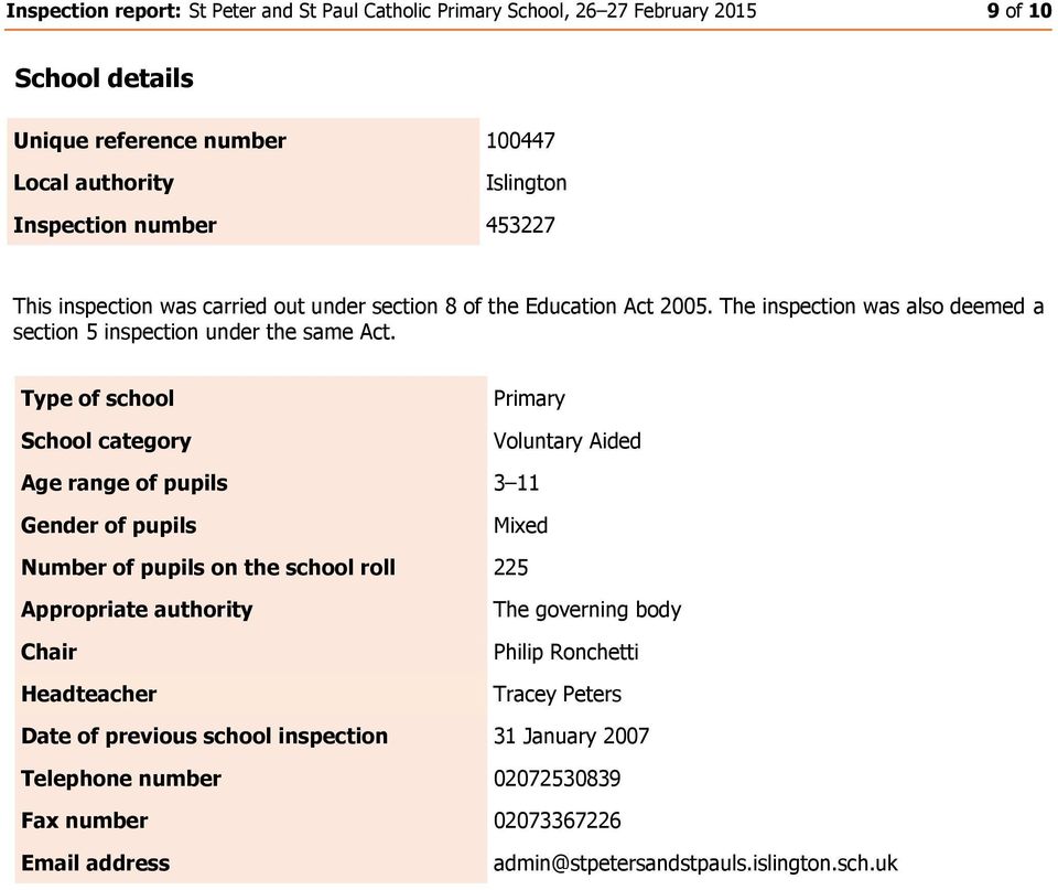 Type of school School category Primary Voluntary Aided Age range of pupils 3 11 Gender of pupils Mixed Number of pupils on the school roll 225 Appropriate authority Chair Headteacher