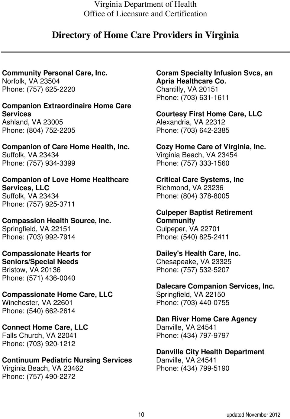 Springfield, VA 22151 Phone: (703) 992-7914 Compassionate Hearts for Seniors/Special Needs Bristow, VA 20136 Phone: (571) 436-0040 Compassionate Home Care, LLC Winchester, VA 22601 Phone: (540)