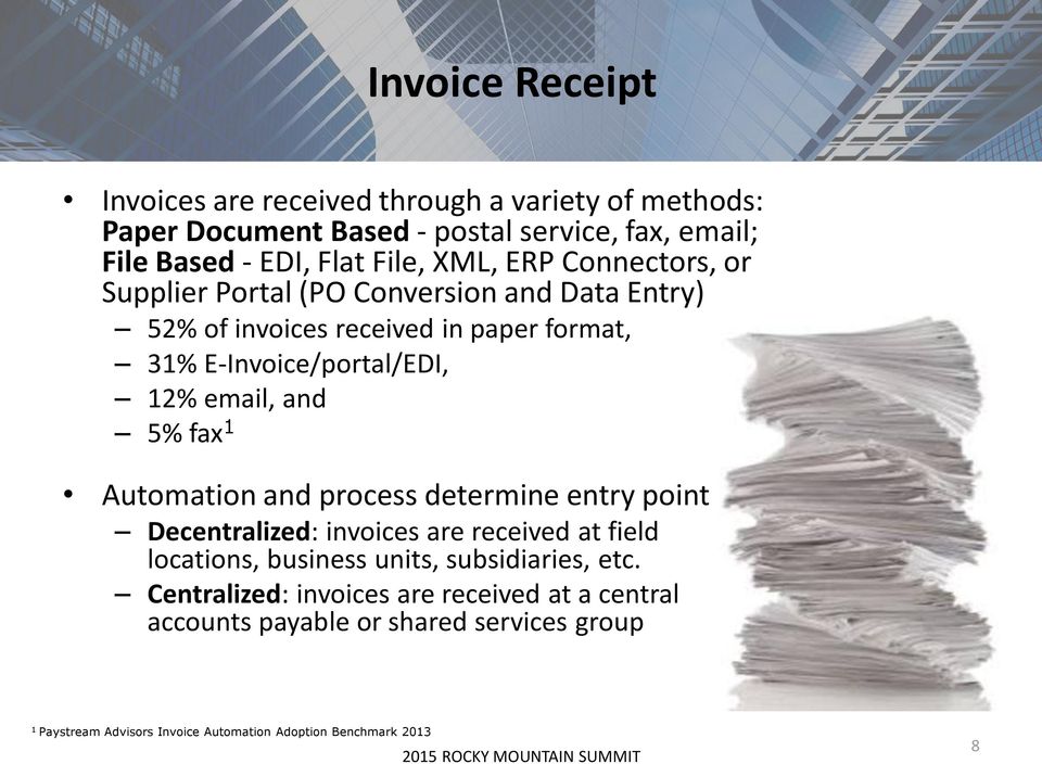 and 5% fax 1 Automation and process determine entry point Decentralized: invoices are received at field locations, business units, subsidiaries, etc.
