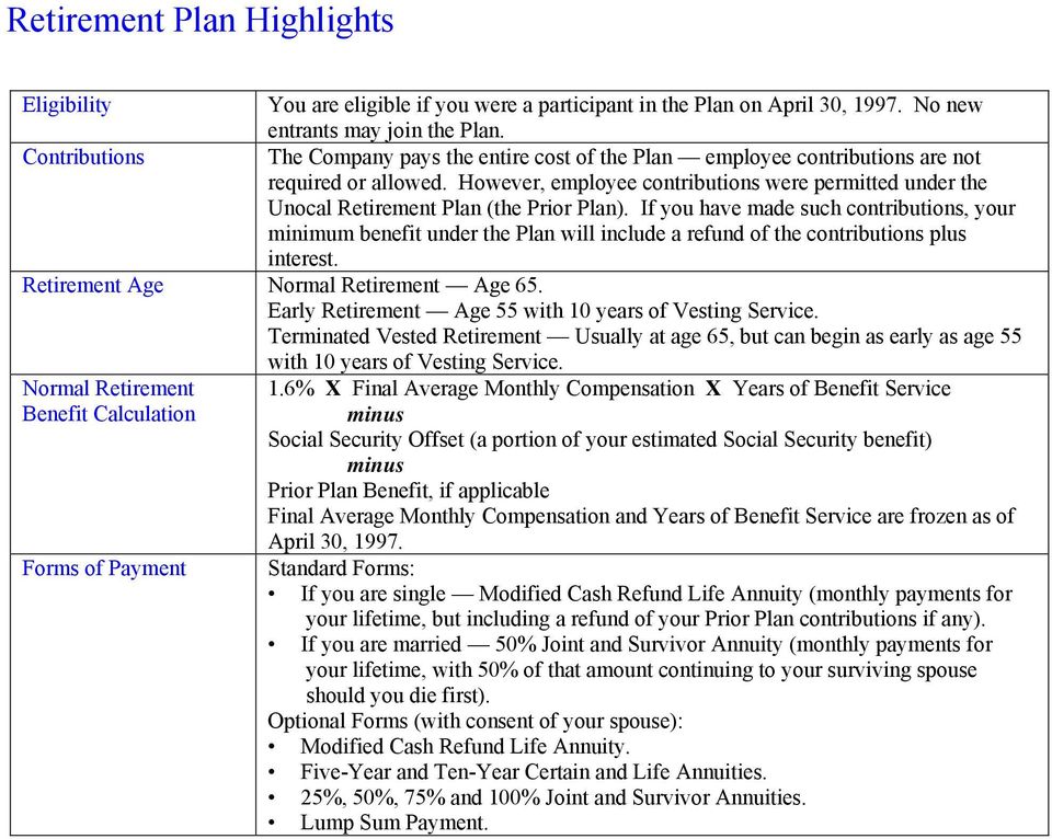 However, employee contributions were permitted under the Unocal Retirement Plan (the Prior Plan).